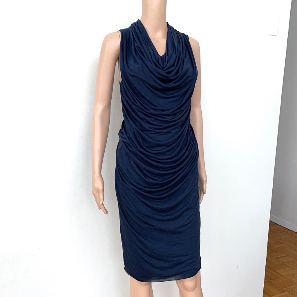 Helmut Lang Navy Blue Ruched Dress, S
